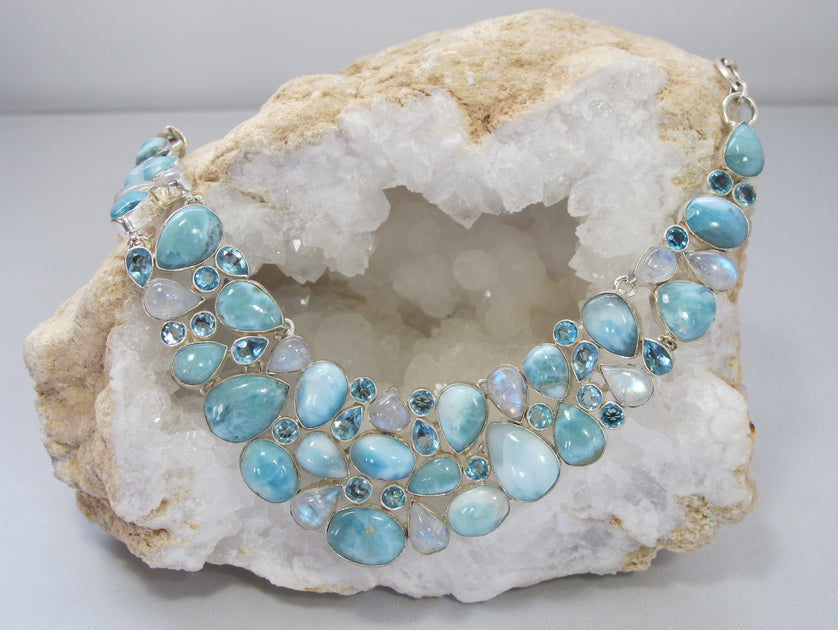 Камни бижутерия фото Large Larimar and Moonstone Collar Necklace with Blue Topaz